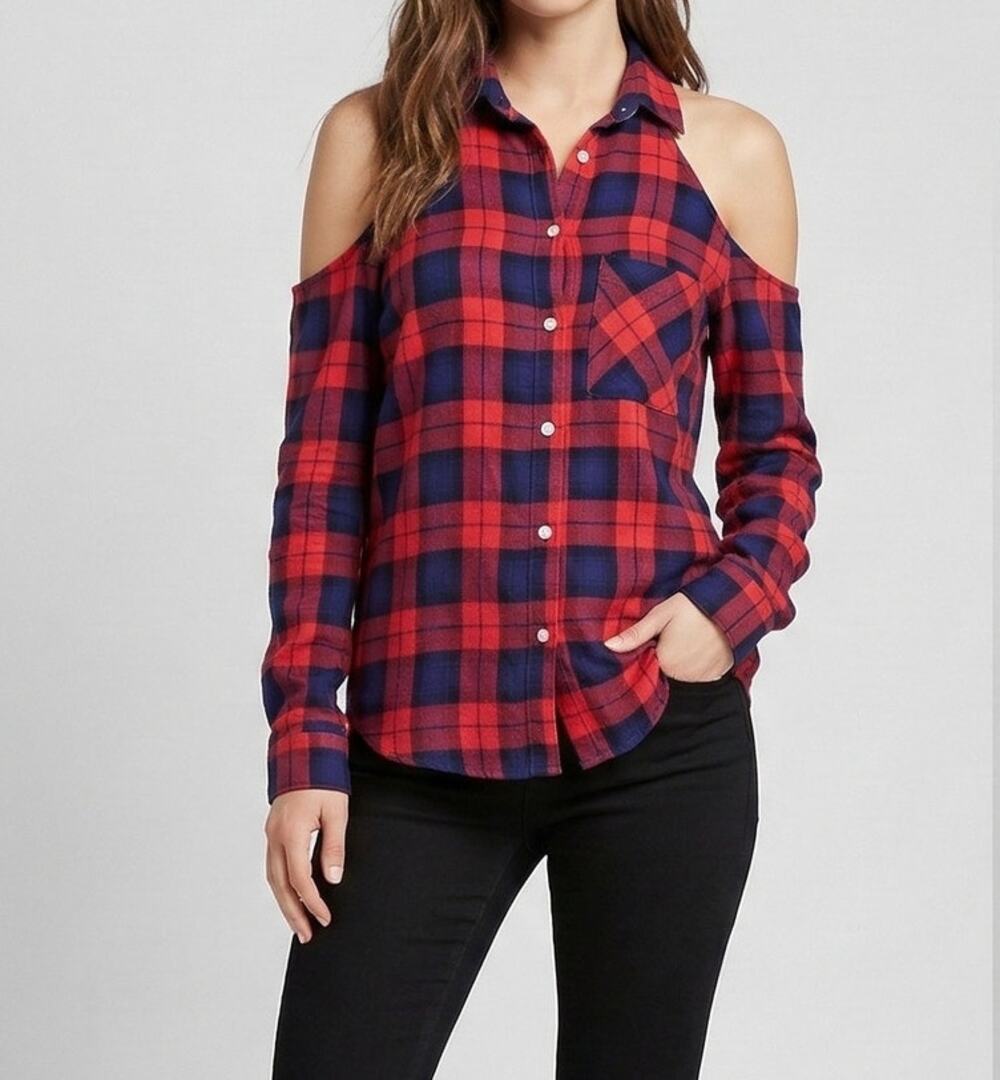 Seven Sisters Womens Cold Shoulder Blouse Large Red & Blue Plaid Long Sleeve Top